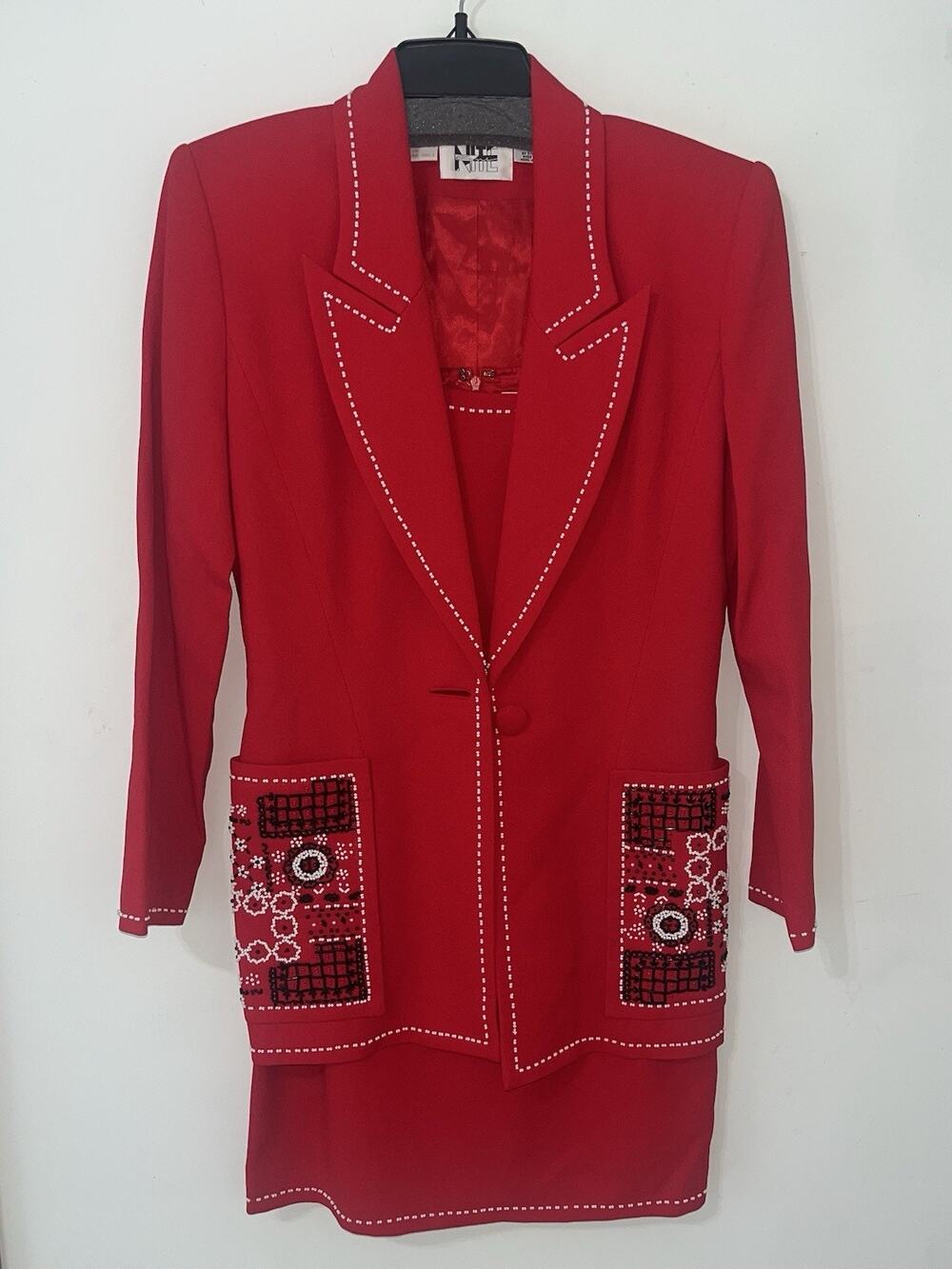 Nite line vintage 80s Women’s 2 Piece Suit Jacket Dress Red Beaded Size 8